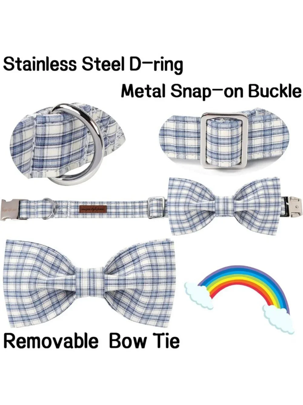 Stylish Cotton Dog Collar with Bow - Blue & White Grid for Small to Large Dogs